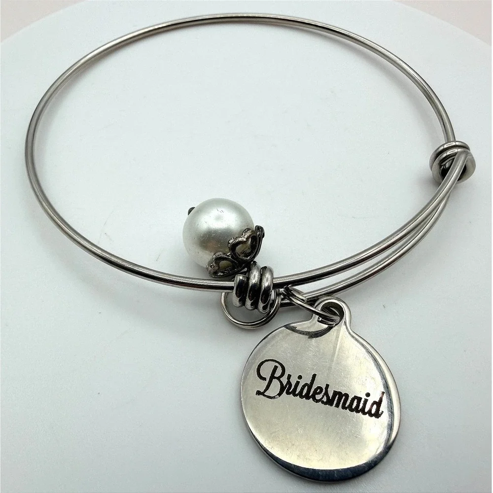 Vintage 90s Bridesmaid Silver Tone Expandable Bangle Bracelet Faux‎ Pearl Charm